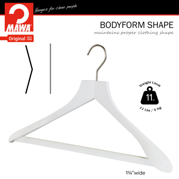 Metropolis Series, Bodyform Wide Shoulder Coat Hanger with Pant Bar, Profi 45SV/HRS, White, Silver Hook