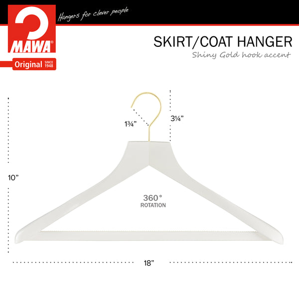 Metropolis Series, Bodyform Wide Shoulder Coat Hanger with Pant Bar, Profi 45SV/HRS, White, Gold Hook