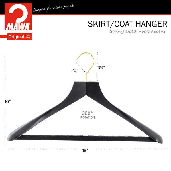 Metropolis Series, Bodyform Wide Shoulder Coat Hanger with Pant Bar, Profi 45SV/HRS, Black, Gold Hook