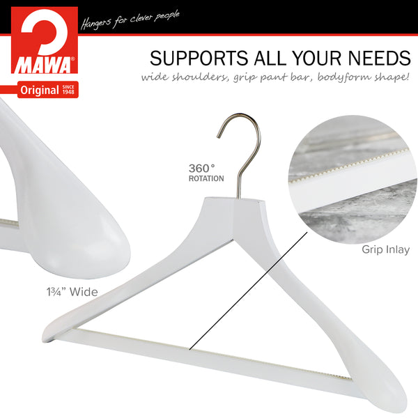 Metropolis Series, Bodyform Wide Shoulder Coat Hanger with Pant Bar, Profi 45SV/HRS, White, Silver Hook