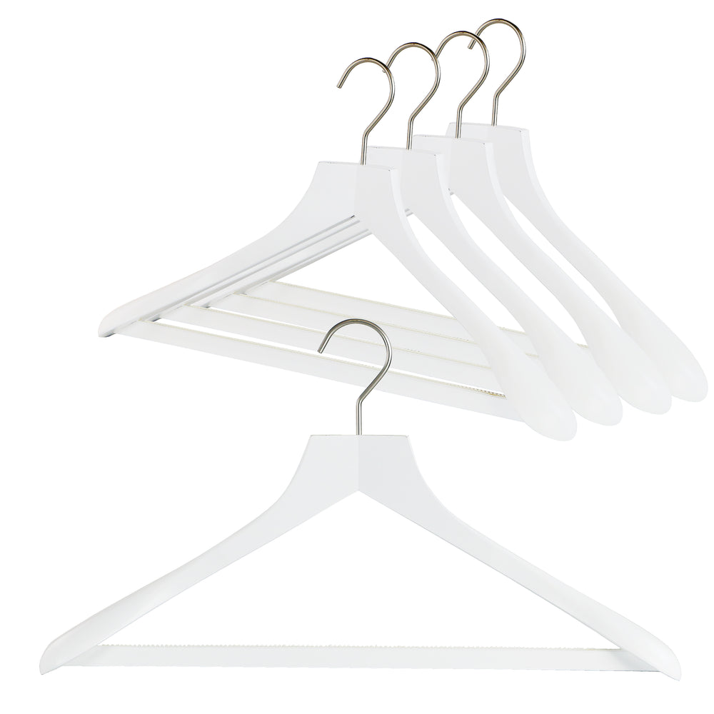 Metropolis Series, Bodyform Wide Shoulder Coat Hanger with Pant Bar, Profi 45SV/HRS, White, Silver Hook