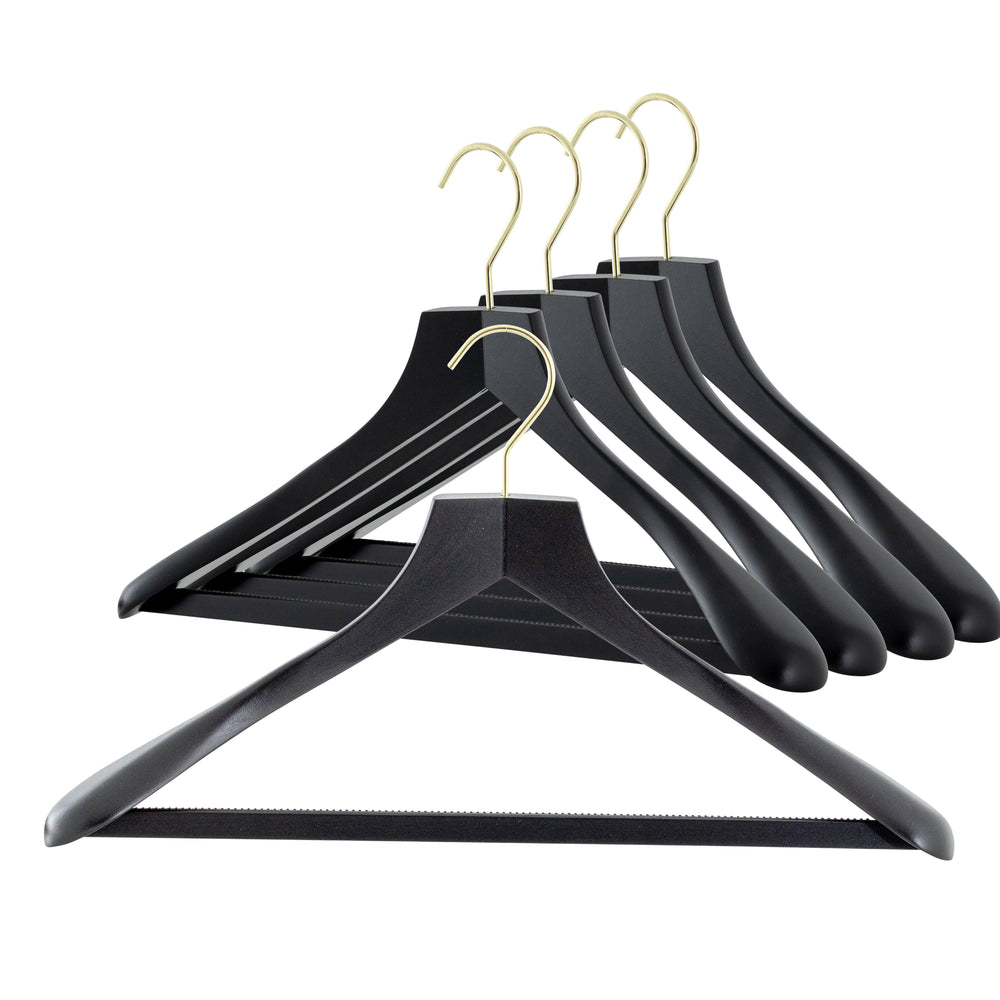 Metropolis Series, Bodyform Wide Shoulder Coat Hanger with Pant Bar, Profi 45SV/HRS, Black, Gold Hook
