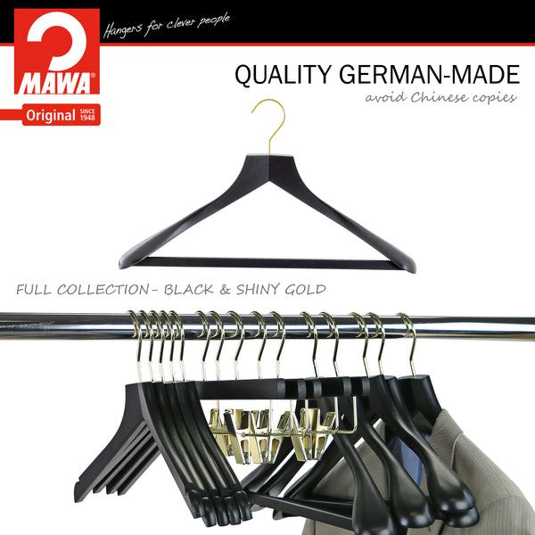 Metropolis Series, Bodyform Wide Shoulder Coat Hanger with Pant Bar, Profi 45SV/HRS, Black, Gold Hook