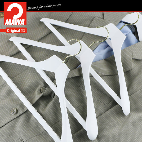 Metropolis Series, Bodyform Wide Shoulder Coat Hanger with Pant Bar, Profi 45SV/HRS, White, Gold Hook