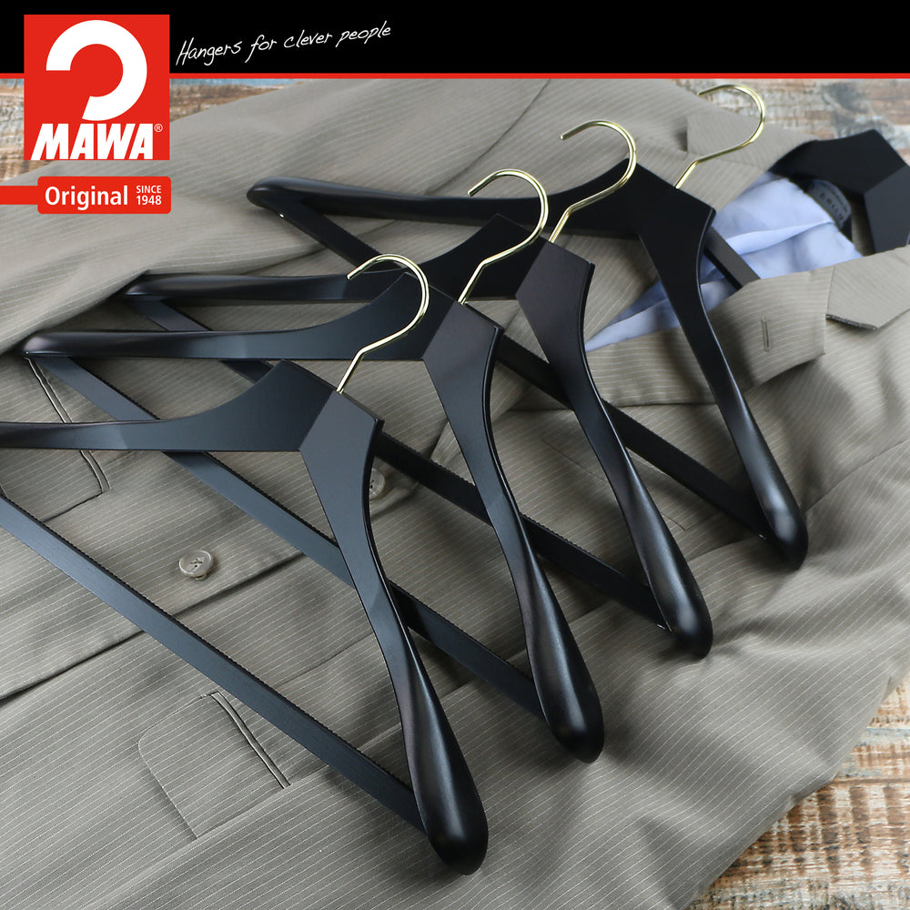 Metropolis Series, Bodyform Wide Shoulder Coat Hanger with Pant Bar, Profi 45SV/HRS, Black, Gold Hook