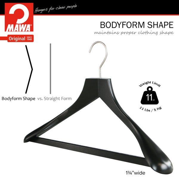 Metropolis Series, Bodyform Wide Shoulder Coat Hanger with Pant Bar, Profi 45/SV/HRS, Black, Silver Hook