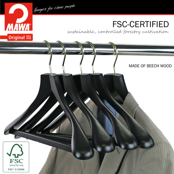 Metropolis Series, Bodyform Wide Shoulder Coat Hanger with Pant Bar, Profi 45SV/HRS, Black, Gold Hook