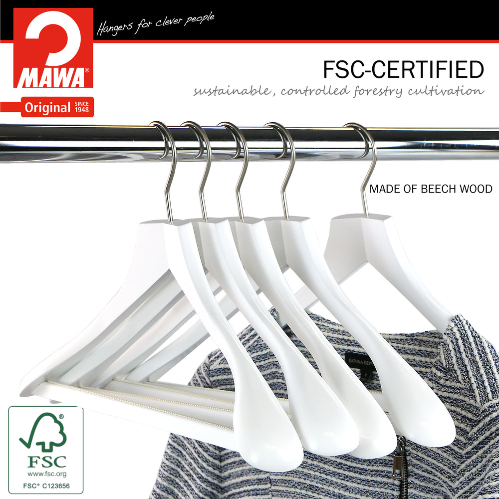 Metropolis Series, Bodyform Wide Shoulder Coat Hanger with Pant Bar, Profi 45SV/HRS, White, Silver Hook