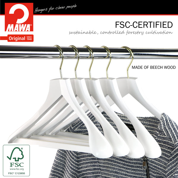 Metropolis Series, Bodyform Wide Shoulder Coat Hanger with Pant Bar, Profi 45SV/HRS, White, Gold Hook