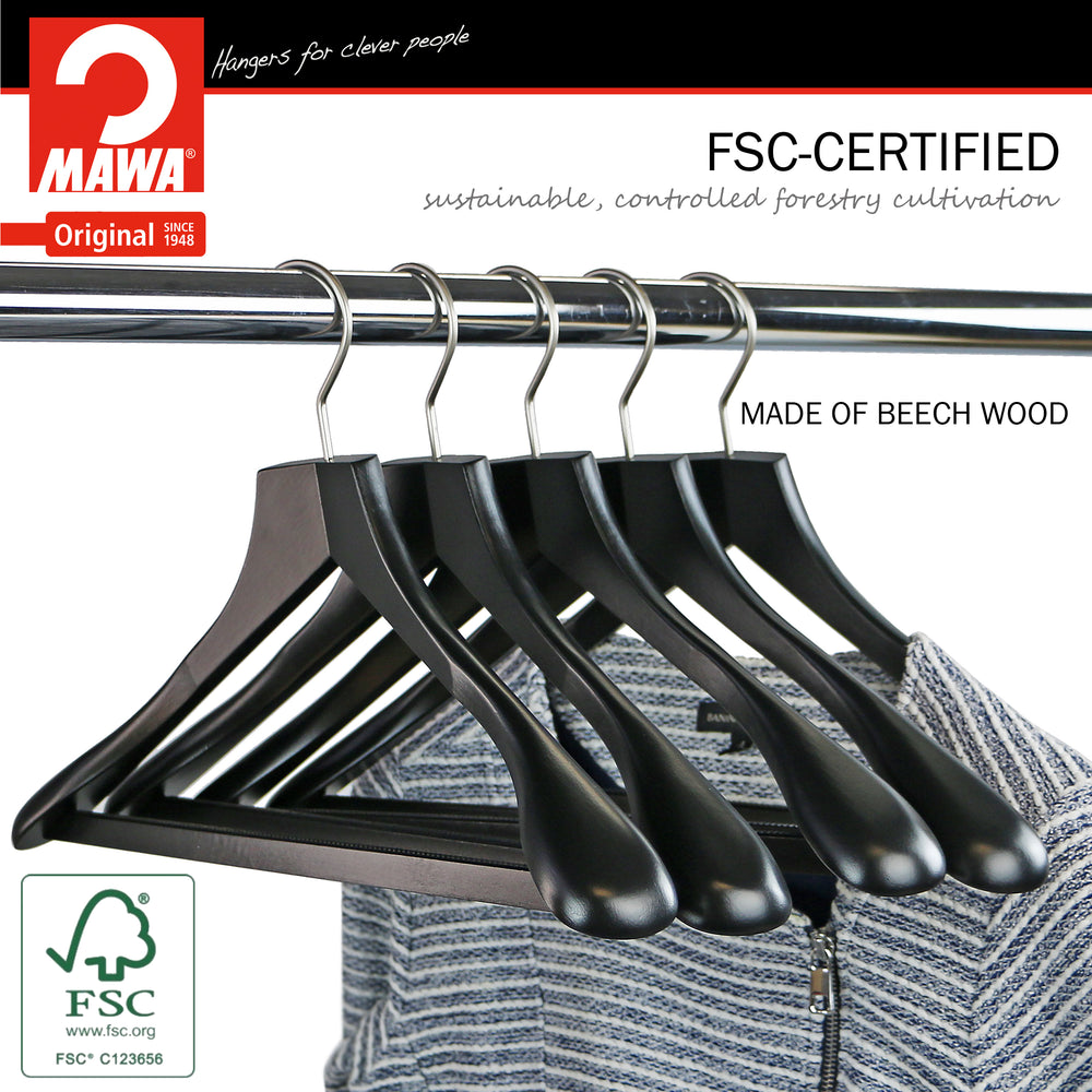 Metropolis Series, Bodyform Wide Shoulder Coat Hanger with Pant Bar, Profi 45/SV/HRS, Black, Silver Hook