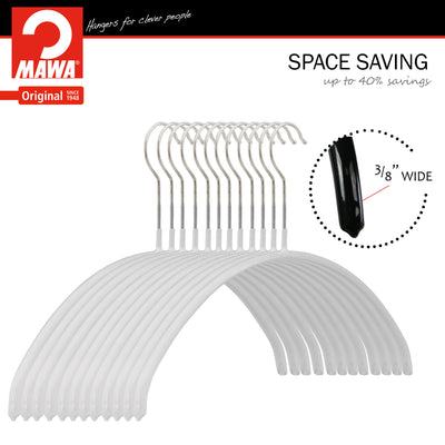 Shows each hanger is 3/8th of an inch wide and can save up to 40% in closet space